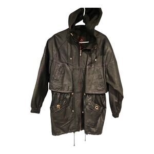 Vintage G III Black Leather Hooded Long Motorcycle Coat Jacket sz S M